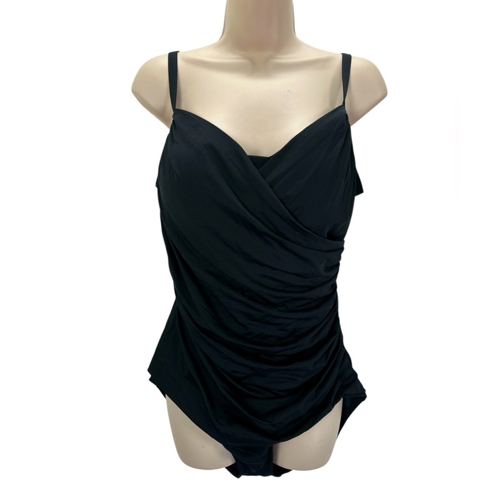 Nwt Jantzen One-Piece Surplice Swimsuit Black Tummy Control